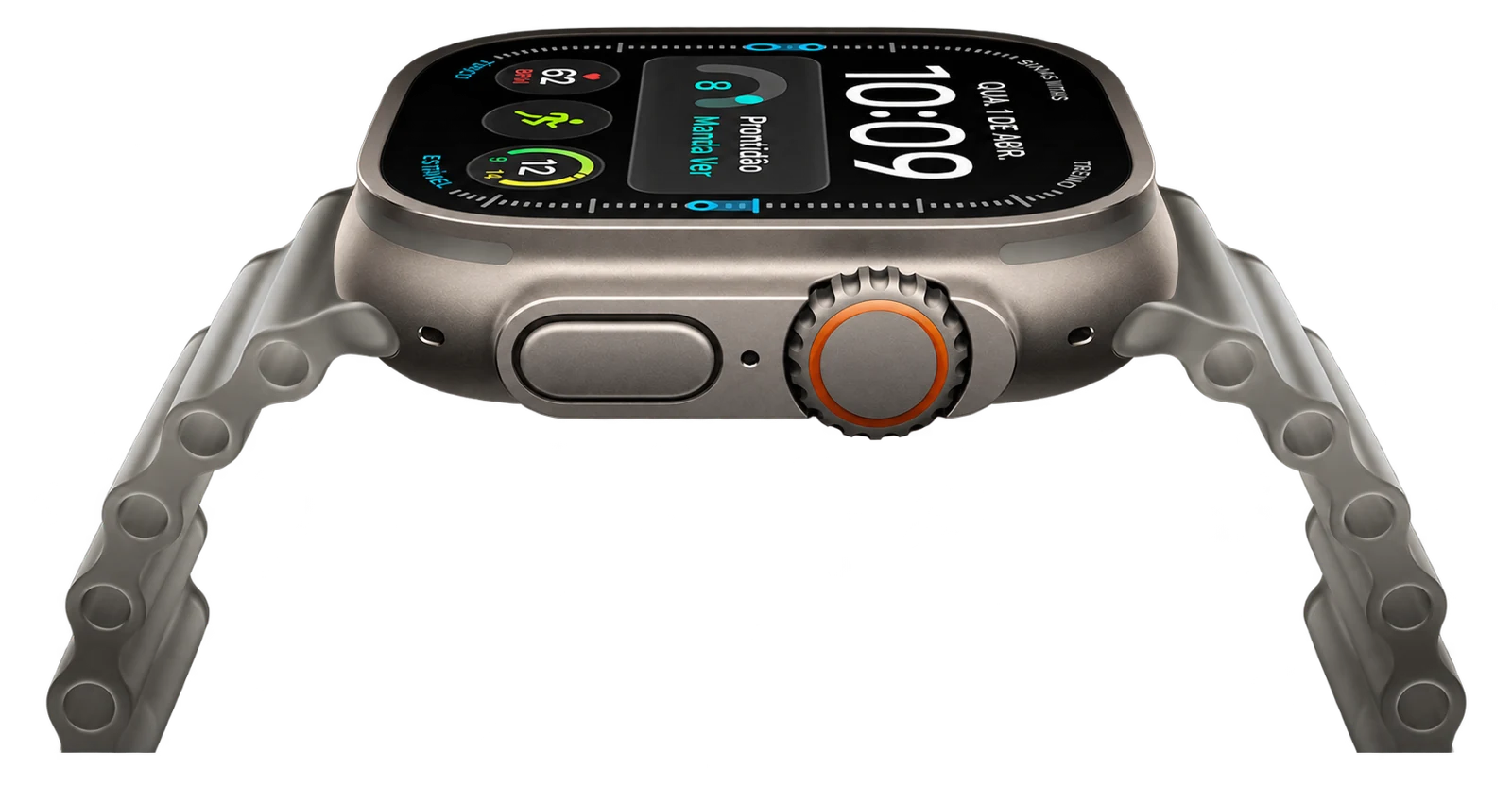 Apple Watch Ultra 4 em titânio natural, vista lateral com Digital Crown